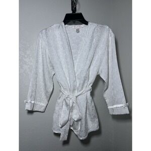 Oscar de la Renta Pink Label Floral Lace Robe S White Satin Trim Bow Kimono